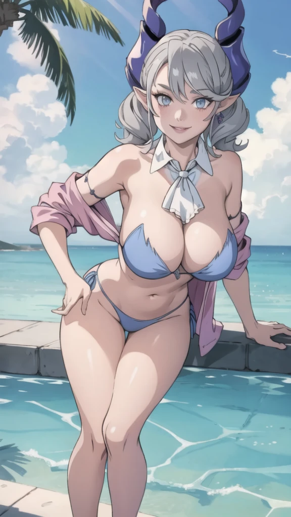 　High level image quality　best image quality　8K　 adult woman    pool party  rain　palm trees  more colors   whole body view　portrait　 bikini   　horn    ears  　short hair（（shortcut）（gray hair）（perm）（fluffy））　eye color is blue ,  , 　attractive evil face , smile   ,  sexy pose   ,  labrynth ,  barearm    , wearing pink shirt    , lying , both legs up in the air , grab leg with hand 