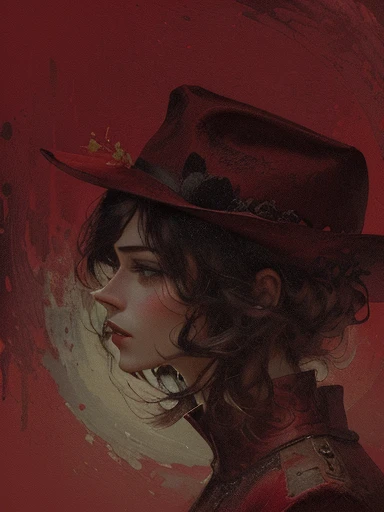 painting of a woman with a hat and a red background, thick dust and red tones, digital illustration, album art, with red haze, cover illustration, artistic illustration, tonalism illustration, profile portrait, illustration!, woman with hat, red haze, illustration art, stylized digital illustration, mixed media style illustration, detailed portrait, garnet, red hat, album artwork