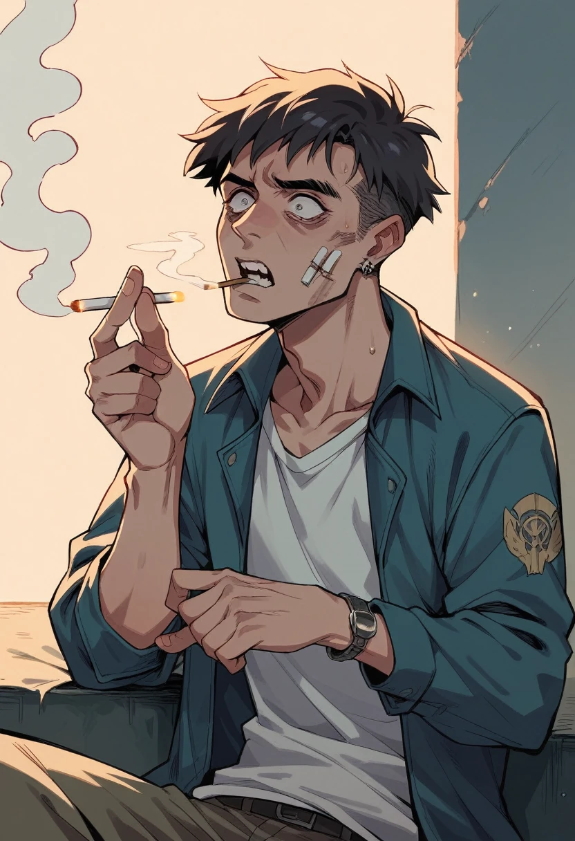 A scared-looking  is smoking a cigarette