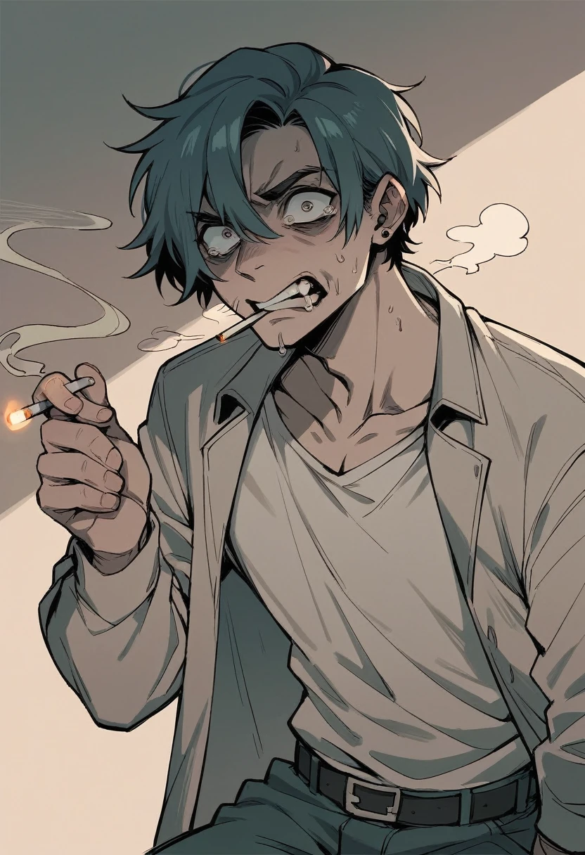 A scared-looking is smoking a cigarette
