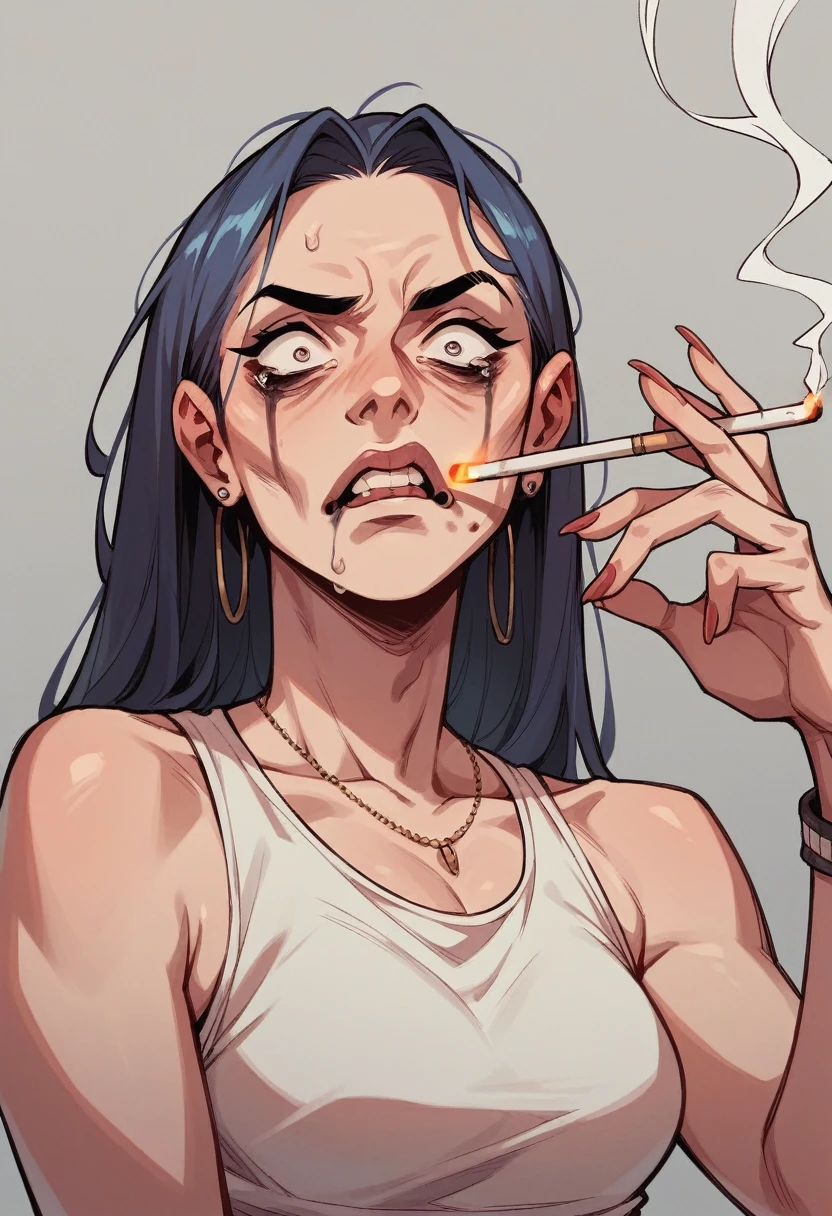 A scared-looking is smoking a cigarette