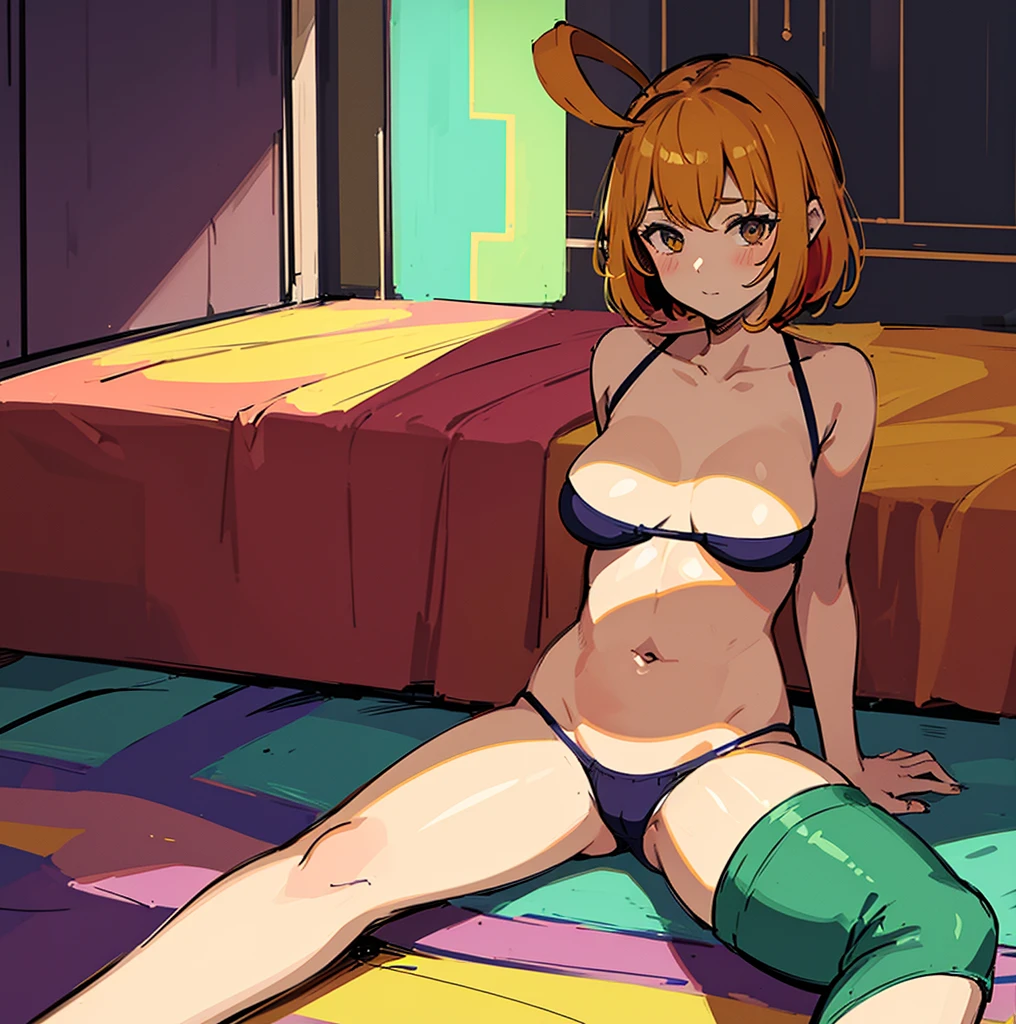 a young girl is in a room with some bright lights and colorful stuff on the walls, girl sitting on the ground, touching her stomach and her breasts, a collection of sketches of several women sitting and standing in front of each other with a woman, two pages show a woman in underwear lying on her bed next to another girl wearing a thongy panties