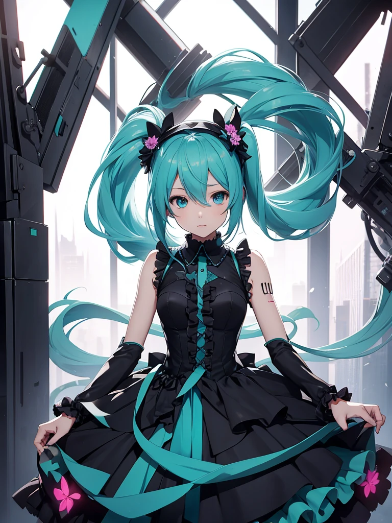 Hatsune Miku, black weeding dress, kneling