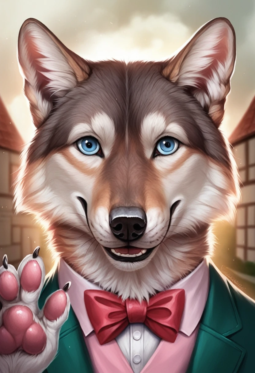 Larry (Zveropolis), wolf, gray fur, (brown body:1.3), beautiful blue eyes, Zveropolis, dressed,blazer,pink shirt,trousers,bow tie, canine,wolf, Detailed fur, male, antro, paw pads, finger claws,одевает bow tie, Plays,at viewer, 5 fingers, paws, 4 toes, in the marriage palace, groom, next to stepfather, белый wolf, 
BREAK from nextel, for dating, by xenoforge, (difficult, high detail,digital photography, soft focus, RAW, close to the camera, smile, positive, good, mood, Houses, looks at the viewer, очень close to the camera,Opera singer, 
Photorealism, realistic, photorealistic,digital style, Subsurface scattering,очень close to the camera
шедевр, Best quality, ultra realistic, 8 k)