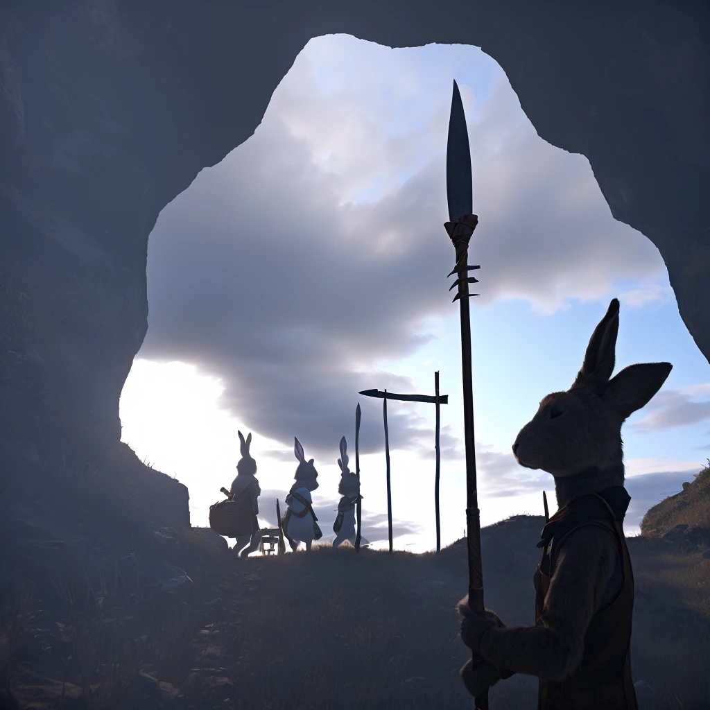 three anthropomorphic rabbits returning from harvesting to a cave with a rabbit holding a spear watching them, masterpiece, best, photo realistic