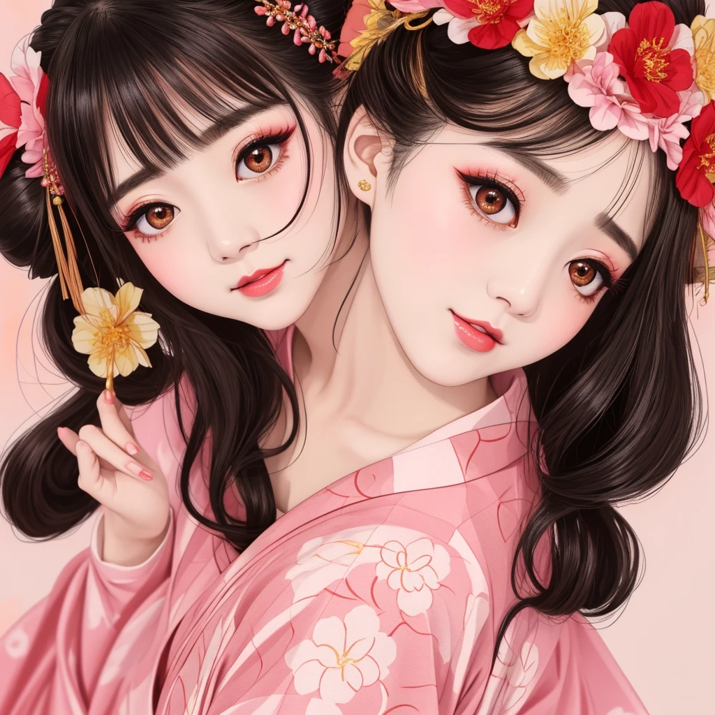 Each has a different expression２People and sisters、(２ girls）、｟Dancing traditional arts with grace)、((Big Breasts、Small Face、Not exposed))、Highest quality、masterpiece、（Black Hair、Bun Hair）、Brown Eyes、｟Wide angle、Angle from above the waist、雑誌の表紙のPause、Their gazes are different, gazing into the distance｠、(８K High Quality、masterpiece、High resolution、Realistic and beautiful light and shadow、(Highest quality)、(High Resolution)、(Very delicate and beautiful)、(Beautiful 8k face)、(With a smile、Beautiful eyes)、(Clear skin)、(Soft hair)、(８Head to Body)、(A Japanese style yukata kimono with red, pink and orange floral patterns on a white background, interspersed with gold powder、Wearing a yukata２Beautiful Japanese girls)、((Tanabata decoration background))、((Small Face))、(arms up)、Thin and small nose、（Red lipstick）、（Make your cheeks red）、（Glossy skin）、((Ink painting style))、Very thin eyebrows、Overall ultra-high image quality、（She is wearing maiko-style makeup.）、Whitening、Long and beautiful eyelashes、Glowing Skin、（Red cheeks）,Straight nose、masterpiece、Highest quality、whole body、 Eyebrows visible through hair、Bun Hair、Grin、Gal、コGal、Viewer&#39;s Eyes、Plaid、Stylish、woman、fine、Pause、
Waiting to start 
