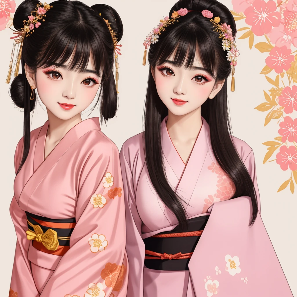 Each has a different expression２People and sisters、(２ girls）、｟Dancing traditional arts with grace)、((Big Breasts、Small Face、Not ))、Highest quality、masterpiece、（Black Hair、Bun Hair）、Brown Eyes、｟Wide angle、Angle from above the waist、雑誌の表紙のPause、Their gazes are different, gazing into the distance｠、(８K High Quality、masterpiece、High resolution、Realistic and beautiful light and shadow、(Highest quality)、(High Resolution)、(Very delicate and beautiful)、(Beautiful 8k face)、(With a smile、Beautiful eyes)、(Clear skin)、(Soft hair)、(８Head to Body)、(A Japanese style yukata kimono with red, pink and orange floral patterns on a white background, interspersed with gold powder、Wearing a yukata２Beautiful Japanese girls)、((Tanabata decoration background))、((Small Face))、(arms up)、Thin and small nose、（Red lipstick）、（Make your cheeks red）、（Glossy skin）、((Ink painting style))、Very thin eyebrows、Overall ultra-high image quality、（She is wearing maiko-style makeup.）、Whitening、Long and beautiful eyelashes、Glowing Skin、（Red cheeks）,Straight nose、masterpiece、Highest quality、whole body、 Eyebrows visible through hair、Bun Hair、Grin、Gal、コGal、Viewer's Eyes、Plaid、Stylish、woman、fine、Pause、
Waiting to start 

