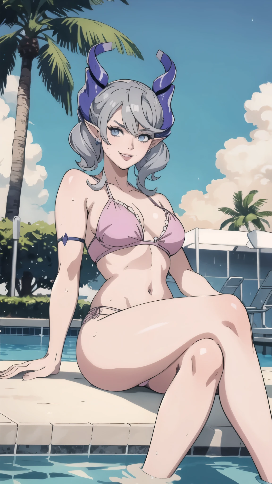 High level image quality best image quality 8K adult woman pool party rain palm trees more colors whole body view portrait bikini horn ears short hair((shortcut)(gray hair)(perm)(fluffy)) eye color is blue , , attractive evil face , smile , sexy pose , labrynth , barearm , wearing pink shirt , sitting on person by the pool , crossed legs , all wet , wet hair