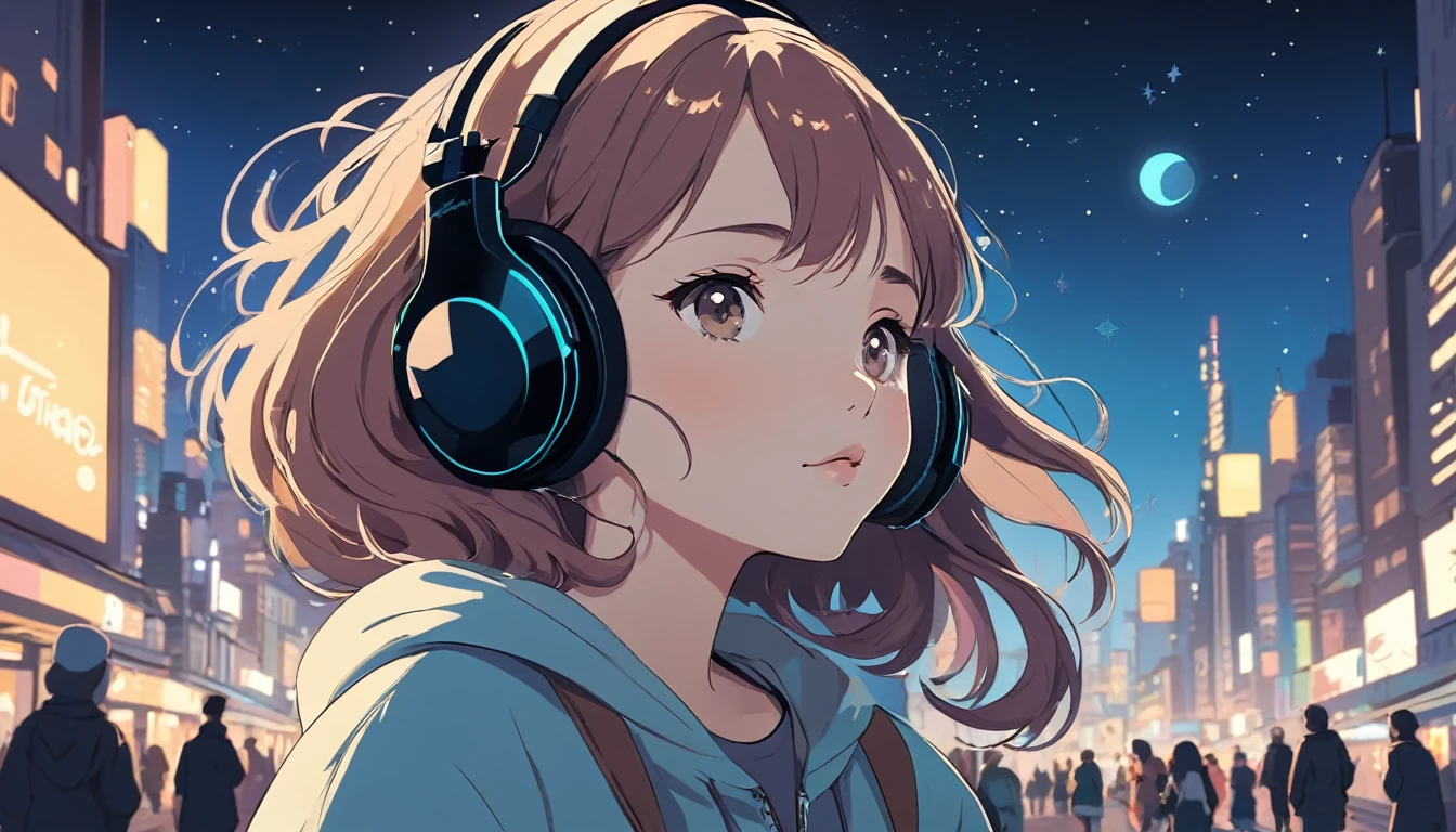 Girl wearing headphones and looking left,City of night, Wide-angle lens, Lofi Anime, Lofi illustration, Aesthetic atmosphere, Lo-Fi Style, Vector art, Flat Design, Simple shape, Warm tones, Pleasant atmosphere, Chill, In anime style, Digital drawing, Vector art, Vector logo for t-shirt printing, (Adorable:1.5), (small:1.4), (Playful:1.2), (soft:1.3), (Whimsical:1.1), masterpiece, Highest quality, 8K, Intricate details, grow, Celestial, Mysterious, Picturesque, amazing, Majestic, Magic, Fantasy art, Cover art, dream-like