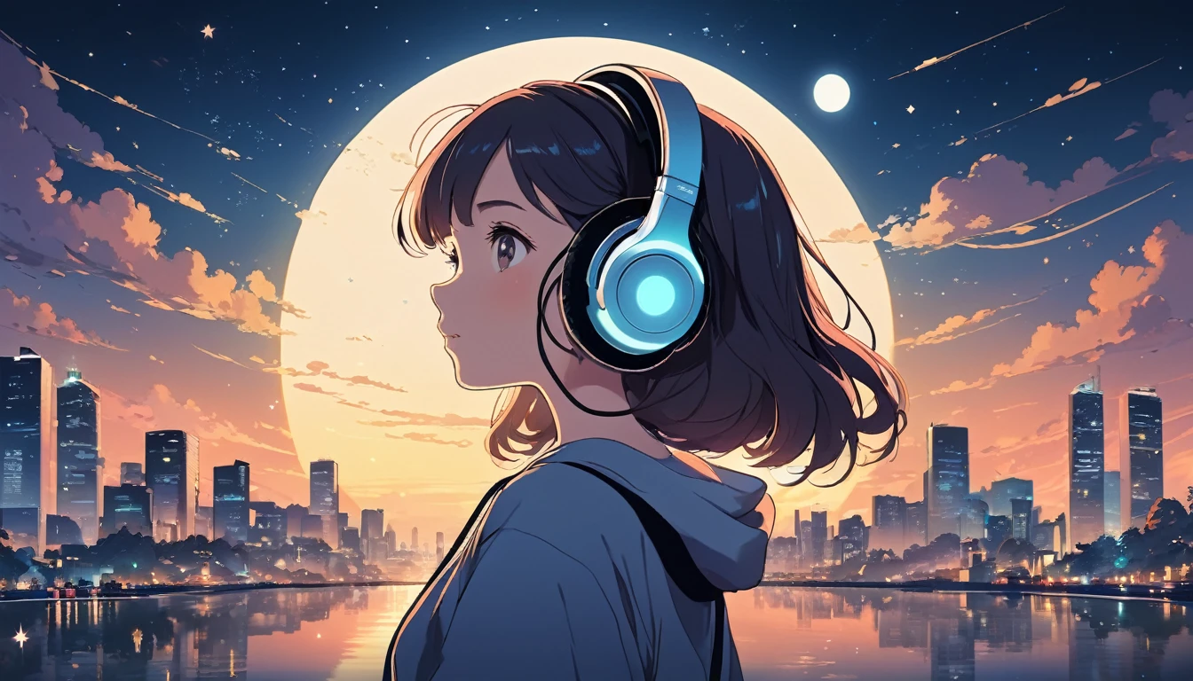 Girl wearing headphones and looking left,City of night, Wide-angle lens, Lofi Anime, Lofi illustration, Aesthetic atmosphere, Lo-Fi Style, Vector art, Flat Design, Simple shape, Warm tones, Pleasant atmosphere, Chill, In anime style, Digital drawing, Vector art, Vector logo for t-shirt printing, (Adorable:1.5), (small:1.4), (Playful:1.2), (soft:1.3), (Whimsical:1.1), masterpiece, Highest quality, 8K, Intricate details, grow, Celestial, Mysterious, Picturesque, amazing, Majestic, Magic, Fantasy art, Cover art, dream-like