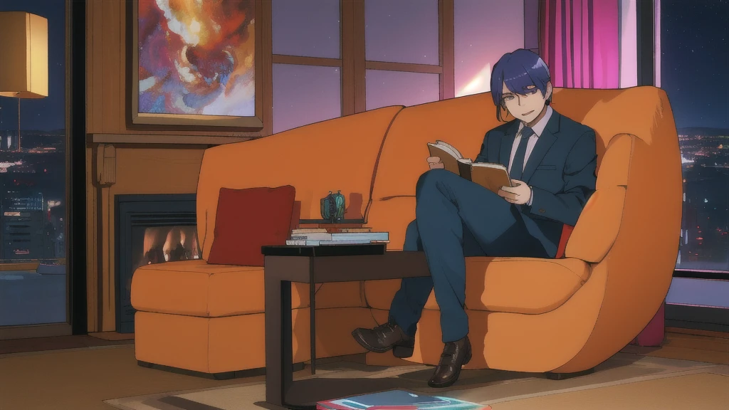1 man in a suit sitting in an armchair by the fireplace, reading a book, comfortable night reading environment, high resolution, character on the right, youtube channel banner, (best quality,4k,8k,highres,masterpiece:1.2),detailed,(photorealistic,photo-realistic:1.37),HDR,UHD,studio lighting,ultra-fine painting,sharp focus,physically-based rendering,extreme detail description,professional,vivid colors,bokeh,portrait, not so formal, casual, character on the right, window
