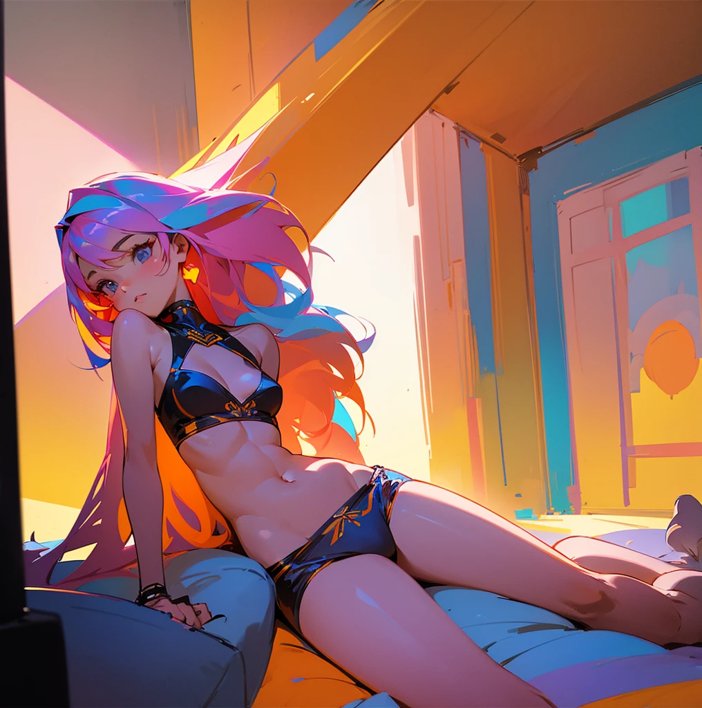a young girl is in a room with some bright lights and colorful stuff on the walls, girl sitting on the ground, touching her stomach and her breasts, a collection of sketches of several women sitting and standing in front of each other with a woman, two pages show a woman in underwear lying on her bed next to another girl wearing a thongy panties