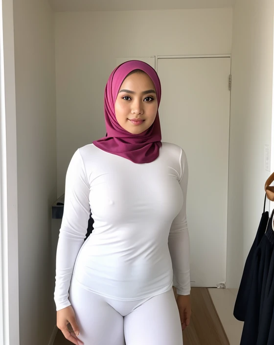 RAW, Best quality, high resolution, masterpiece: 1.8), beautiful Malay woman in hijab, Masterpiece, big gorgeous eyes, Soft smile, wear tight light white long sleeve shirt and light white tight legging,in changing room, Excellent lighting, Bright colors, Clean lines , full body picture .