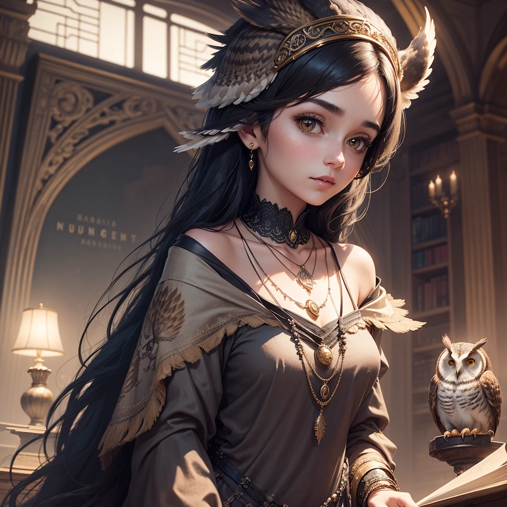 can you generate an image of women wearing a  attire with an owl in her shoulder then make her black and put a necklace with name Luna then put her background in library