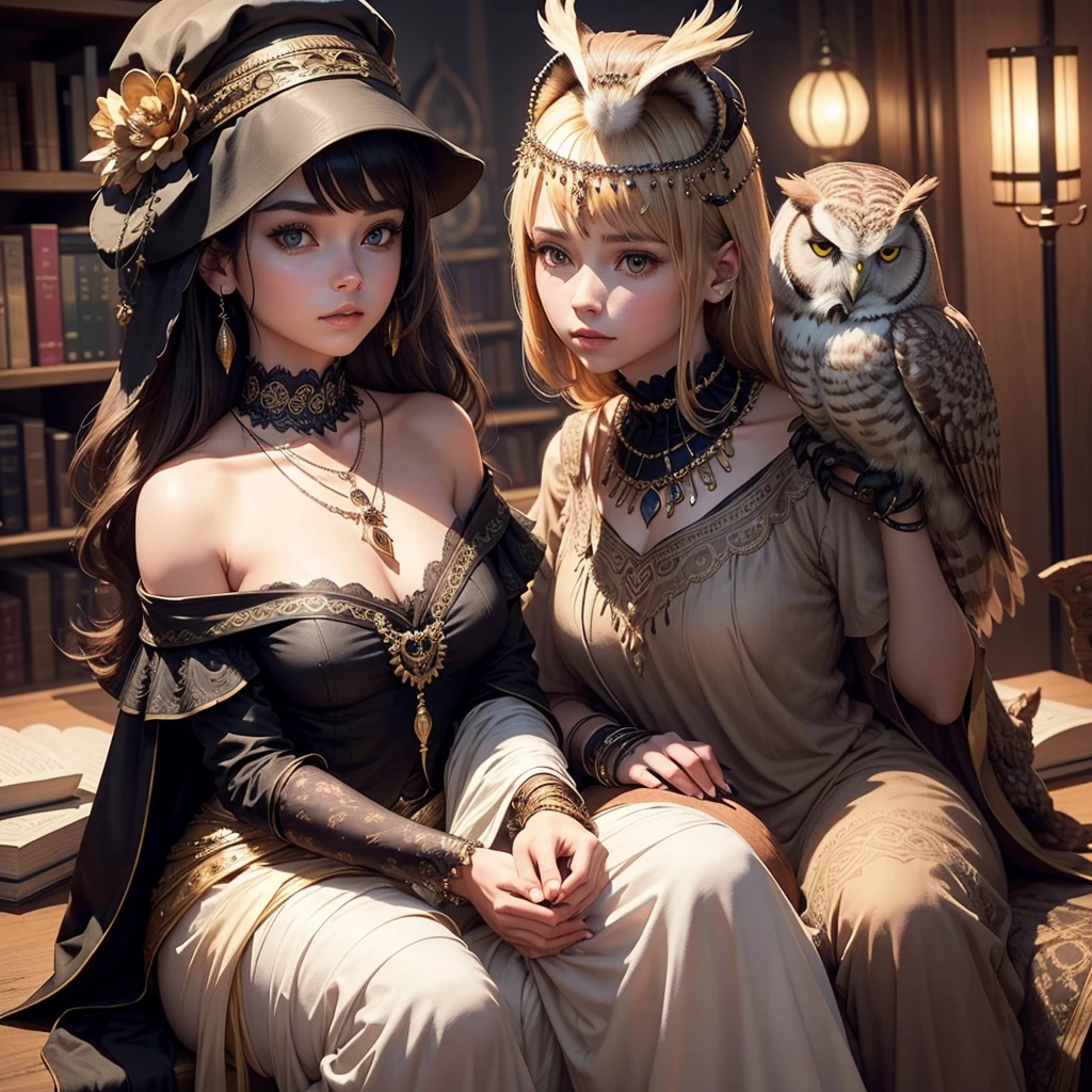 can you generate an image of women wearing a attire with an owl in her shoulder then make her black and put a necklace with name Luna then put her background in library