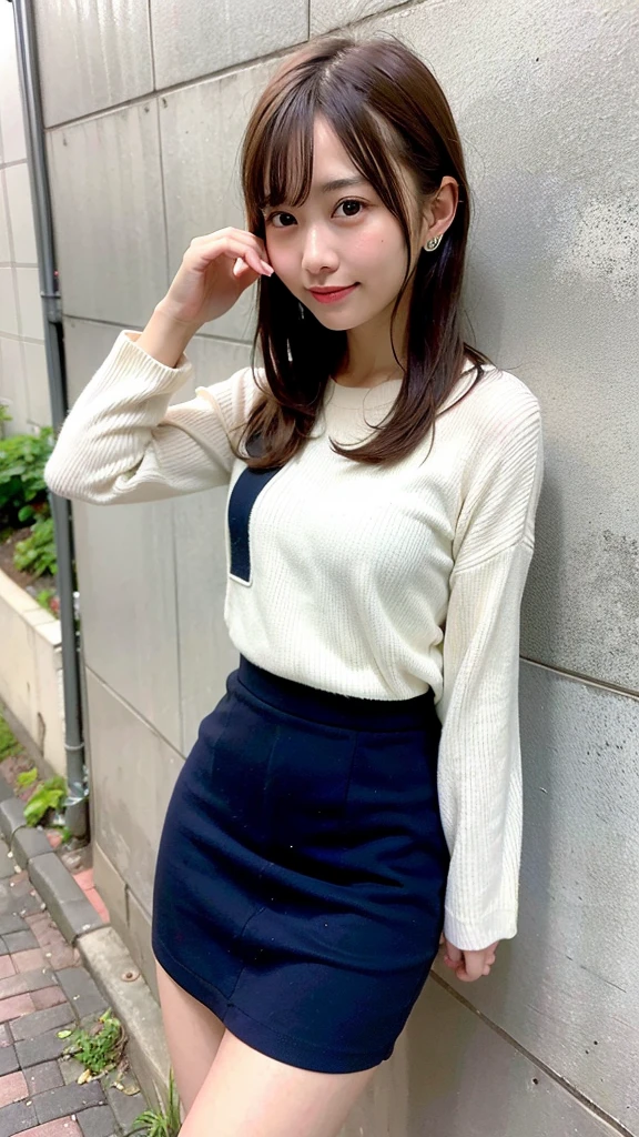(Highest quality, 8K, 32k, masterpiece, Ultra-high resolution: 1.2), 1 Girl, Beautiful Japanese Woman, Narrow waist, (Lovely Face),, ((Neat and clean clothes), Natural clothes, 、color々With a wide variety of clothes、淡いcolorのブラウス, (Mimore length skirt), Elegance Casual), Age 25, Cinematic Light, (Biting pose: 1.2), (Smile at someone you like),Concrete wall、Silky Hair、Medium Hair、Medium Hairカット、constricted hair、Loose and fluffy hair