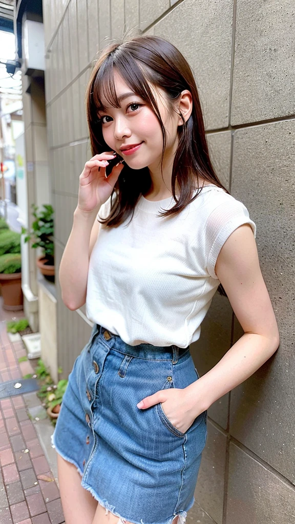 (Highest quality, 8K, 32k, masterpiece, Ultra-high resolution: 1.2), 1 Girl, Beautiful Japanese Woman, Narrow waist, (Lovely Face),, ((Neat and clean clothes), Natural clothes, 、color々With a wide variety of clothes、淡いcolorのブラウス, (Mimore length skirt), Elegance Casual), Age 25, Cinematic Light, (Biting pose: 1.2), (Smile at someone you like),Concrete wall、Silky Hair、Medium Hair、Medium Hairカット、constricted hair、Loose and fluffy hair