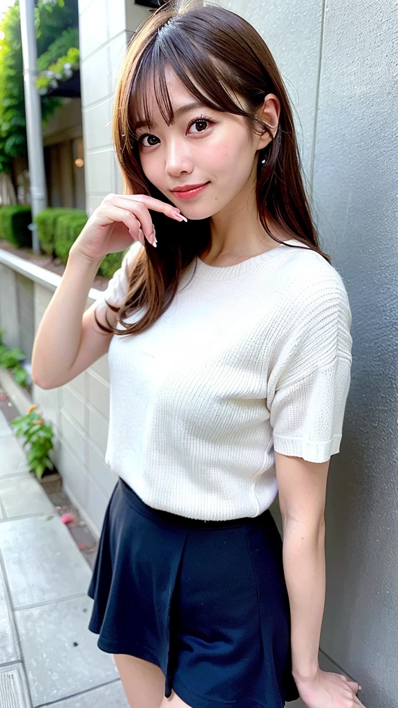 (Highest quality, 8K, 32k, masterpiece, Ultra-high resolution: 1.2), 1 Girl, Beautiful Japanese Woman, Narrow waist, (Lovely Face),, ((Neat and clean clothes), Natural clothes, 、color々With a wide variety of clothes、淡いcolorのブラウス, (Mimore length skirt), Elegance Casual), Age 25, Cinematic Light, (Biting pose: 1.2), (Smile at someone you like),Concrete wall、Silky Hair、Medium Hair、Medium Hairカット、constricted hair、Loose and fluffy hair