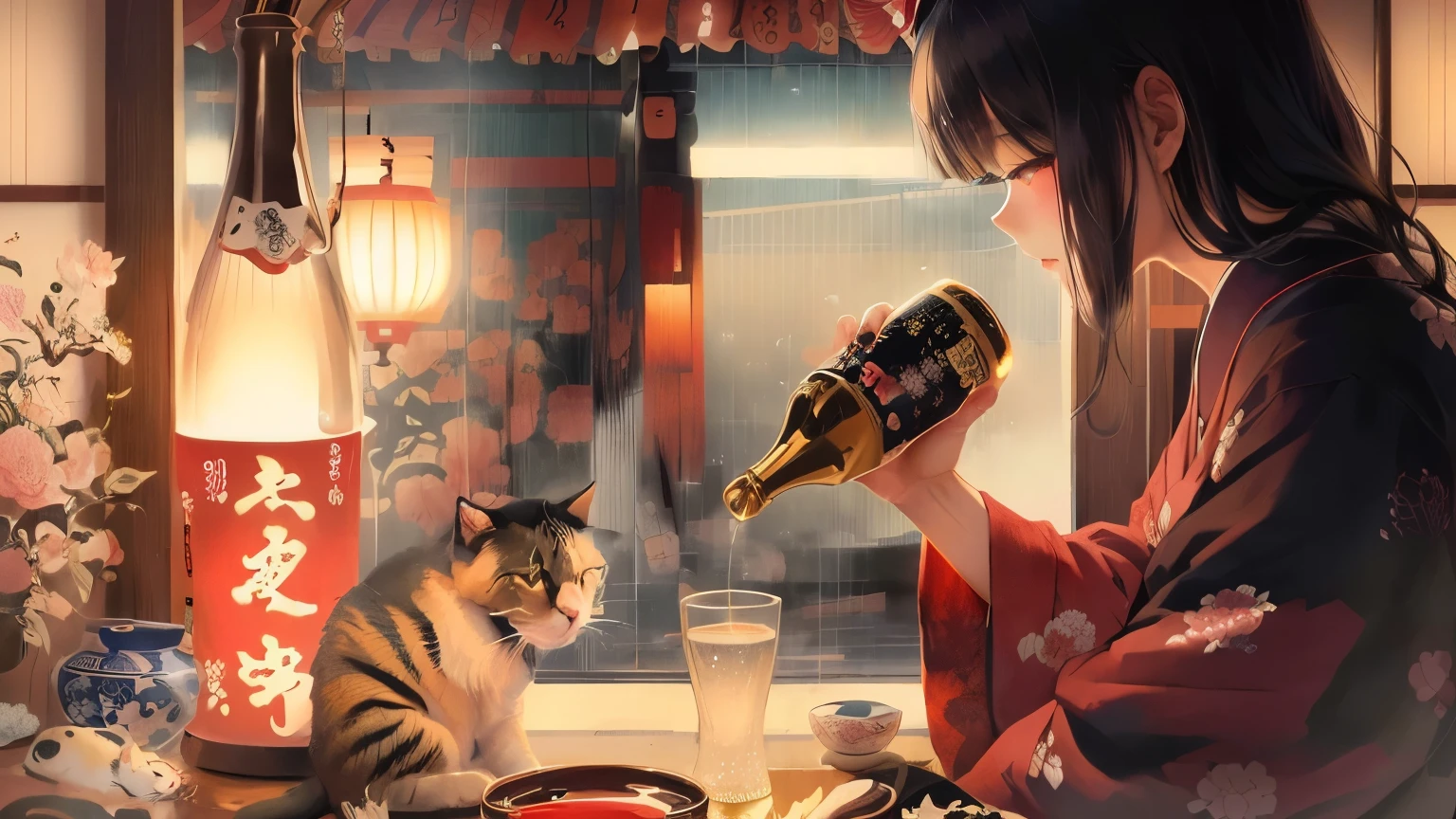 anime girl pouring sake into a glass with a cat sitting next to her, japanese art style, japanese illustrator, japanese illustration, traditional japanese concept art, in the art style of ukiyo - e, traditional japanese art, by Kanō Naizen, japanese art, japanese animation style, inspired by Kanō Naizen, japanese cartoon style, ukiyoe style