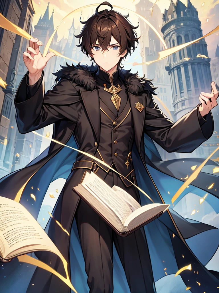 Wizard coat, Black Suit, trouser ,spell book, short hair, brown hair, male