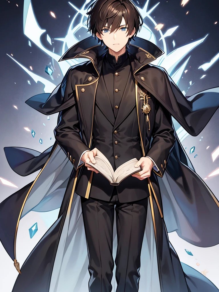 Wizard coat, Black Suit, trouser ,spell book, short hair, brown hair, male 