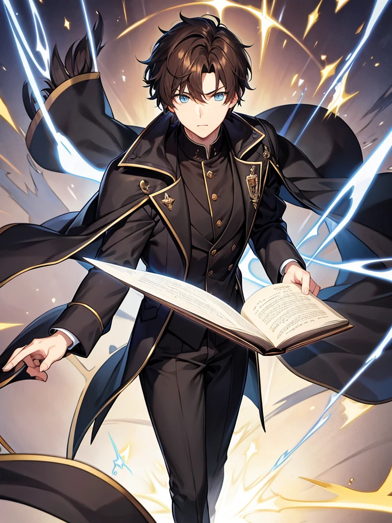 Wizard coat, Black Suit, trouser ,spell book, short hair, brown hair, male