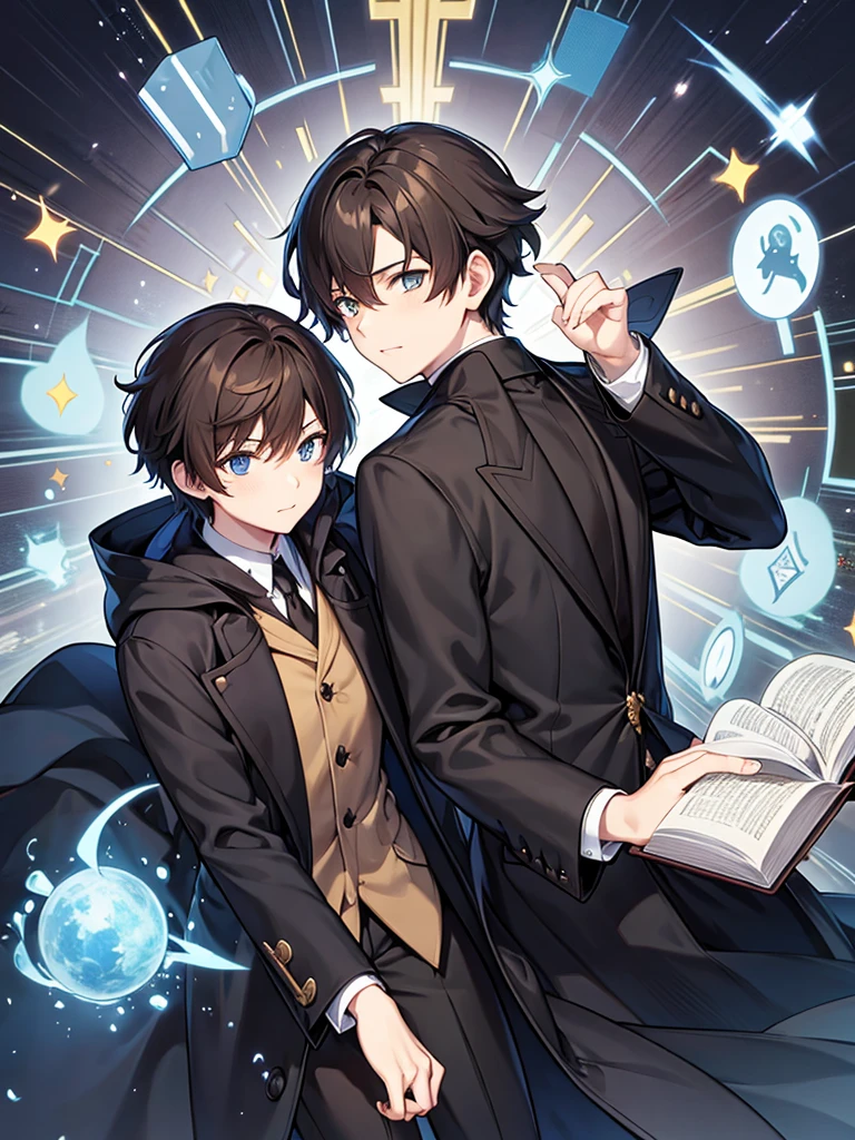 Wizard coat, Black Suit, trouser ,spell book, short hair, brown hair, male