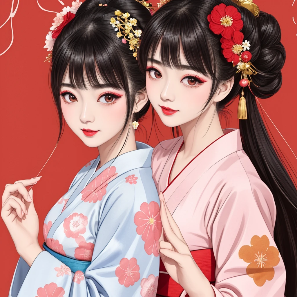 Each has a different expression2People and sisters、(2 girls)、⦅Dancing traditional arts with grace)、((Big Breasts、Small Face、Not exposed))、Highest quality、masterpiece、(Black Hair、Bun Hair)、Brown Eyes、⦅Wide angle、Angle from above the waist、雑誌の表紙のPause、Their gazes are different, gazing into the distance⦆、(8K High Quality、masterpiece、High resolution、Realistic and beautiful light and shadow、(Highest quality)、(High Resolution)、(Very delicate and beautiful)、(Beautiful 8k face)、(With a smile、Beautiful eyes)、(Clear skin)、(Soft hair)、(8Head to Body)、(A Japanese-style yukata kimono with red, pink, orange and blue floral patterns on a white background, interspersed with gold powder、Wearing a yukata2Beautiful Japanese girls)、((Tanabata decoration background))、((Small Face))、(arms up)、Thin and small nose、(Red lipstick)、(Make your cheeks red)、(Glossy skin)、((Ink painting style))、Very thin eyebrows、Overall ultra-high image quality、(She is wearing maiko-style makeup.)、Whitening、Long and beautiful eyelashes、Glowing Skin、(Red cheeks),Straight nose、masterpiece、Highest quality、whole body、 Eyebrows visible through hair、Bun Hair、Grin、Gal、コGal、Viewer's Eyes、Plaid、Stylish、woman、fine、Pause、
Waiting to start