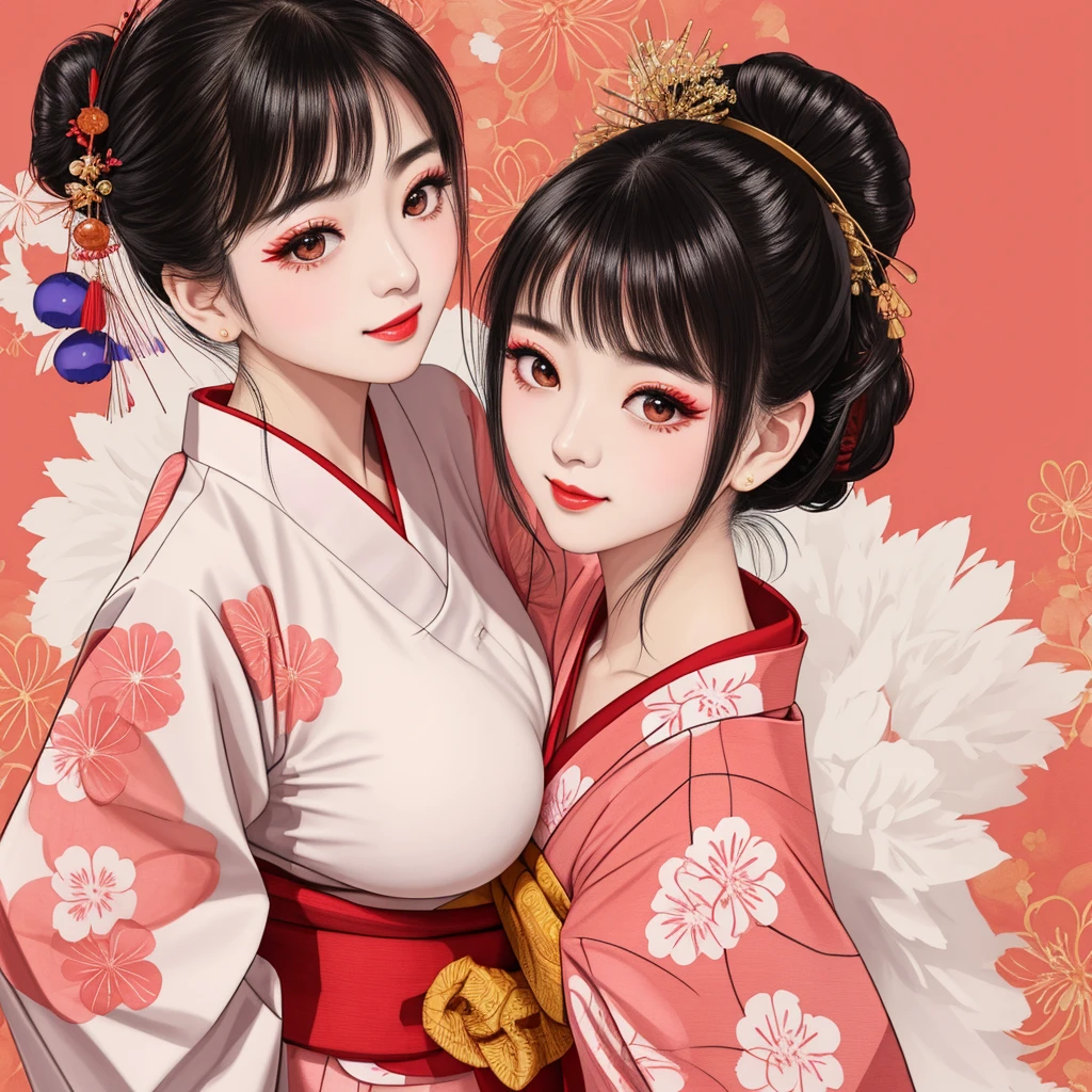 Each has a different expression２People and sisters、(２ girls）、｟Dancing traditional arts with grace)、((Big Breasts、Small Face、Not exposed))、Highest quality、masterpiece、（Black Hair、Bun Hair）、Brown Eyes、｟Wide angle、Angle from above the waist、雑誌の表紙のPause、Their gazes are different, gazing into the distance｠、(８K High Quality、masterpiece、High resolution、Realistic and beautiful light and shadow、(Highest quality)、(High Resolution)、(Very delicate and beautiful)、(Beautiful 8k face)、(With a smile、Beautiful eyes)、(Clear skin)、(Soft hair)、(８Head to Body)、(A Japanese-style yukata kimono with red, pink, orange and blue floral patterns on a white background, interspersed with gold powder、Wearing a yukata２Beautiful Japanese girls)、((Tanabata decoration background))、((Small Face))、(arms up)、Thin and small nose、（Red lipstick）、（Make your cheeks red）、（Glossy skin）、((Ink painting style))、Very thin eyebrows、Overall ultra-high image quality、（She is wearing maiko-style makeup.）、Whitening、Long and beautiful eyelashes、Glowing Skin、（Red cheeks）,Straight nose、masterpiece、Highest quality、whole body、 Eyebrows visible through hair、Bun Hair、Grin、Gal、コGal、Viewer&#39;s Eyes、Plaid、Stylish、woman、fine、Pause、
Waiting to start 
