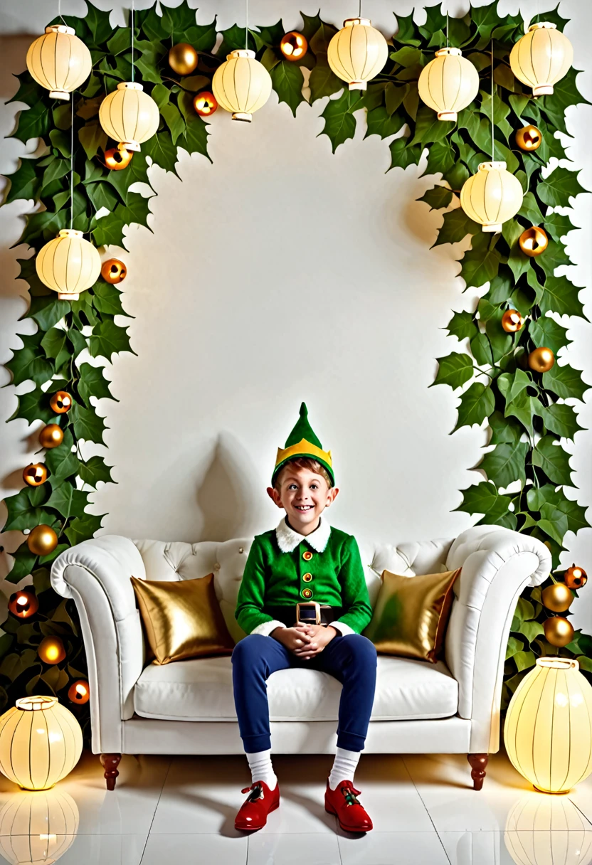 Create 3d image of boy sit on white sofa set , and background is made up of elf things. Leaves and lanterns on wall