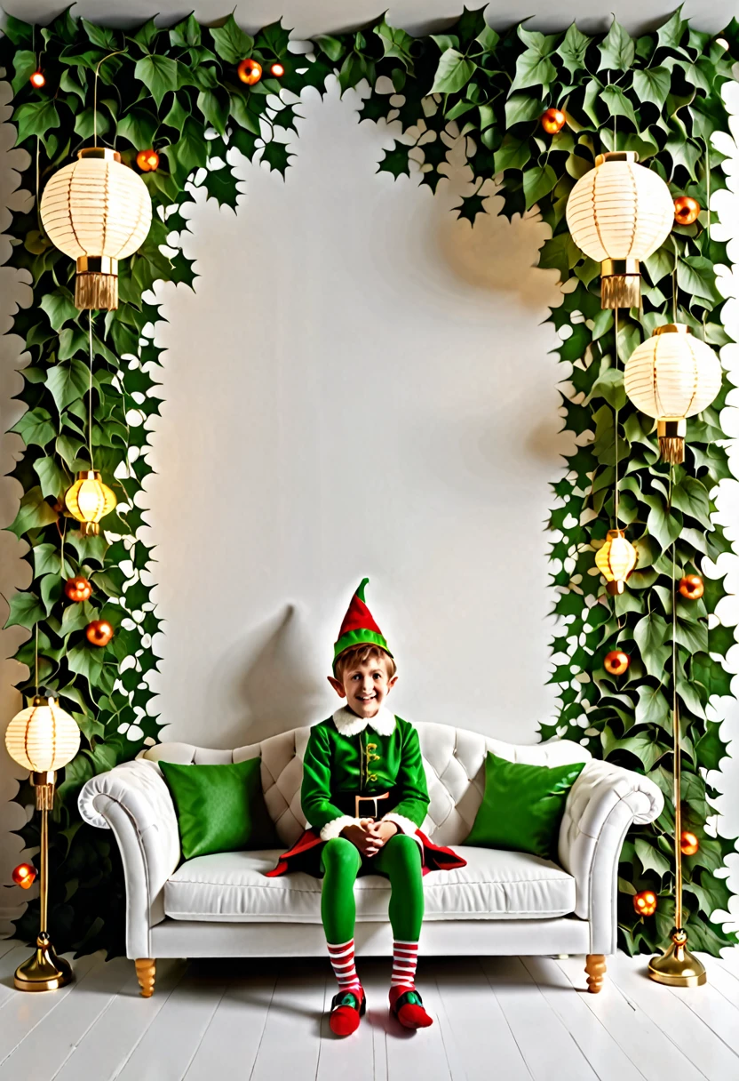 Create 3d image of boy sit on white sofa set , and background is made up of elf things. Leaves and lanterns on wall