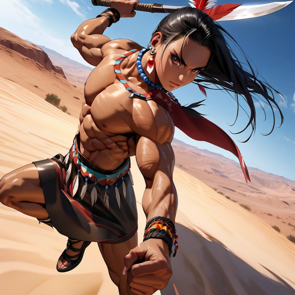 Native American warrior\(beautiful,beautiful,age 18,(muscular:1.5),(holding 1tomahawk:1.3),Dark skin,floating dark hair,dark and bright eyes,large eyes,face with strong will,leather dress\(Stripe, glass beads\),indian cape\(Stripe, glass beads\), war hats\(Native American Feather Crown\),fresh skin, dark and bright,mama,collar\(many fangs),indian moccasins,glass bead earrings,whole body\), BREAK ,bottom\((outside:1.3),(desert:1.3),wilderness\),((dynamic fighting stance)), ((dynamic angle)), BREAK ,quality\(8k,bottom de pantalla de una unidad CG extremadamente detallada, masterpiece,high resolution,top-quality,top-quality real texture skin,hyperrealistic,increase resolution,RAW Photos,la mejor quality,Very detailed,el bottom de pantalla,cinematic lighting,ray trace,golden ratio\)[NSFW:2.0],looking at the viewer,long shot, plano general,show hatchet