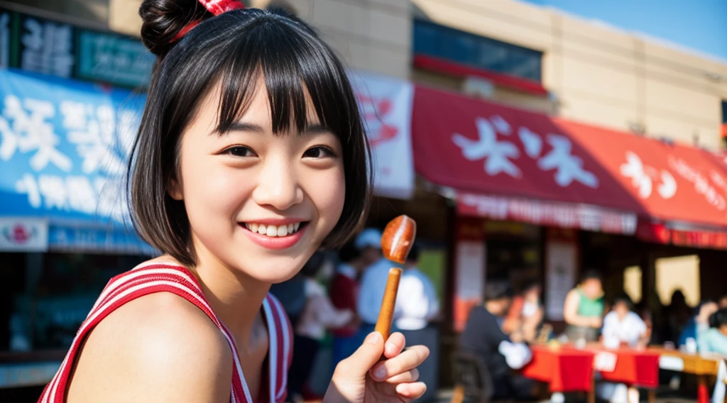 Portray a person with a cute hairstyle , sporting a sweet smile, while enjoying a meat bun, all depicted in the style of Japanese photography with hyper-realistic portraits. Dress the individual as a cheerleader and incorporate instruments typically used in an orchestra. Utilize a local cityscape as the background and experiment with shades and out-of-focus elements using an instant camera
