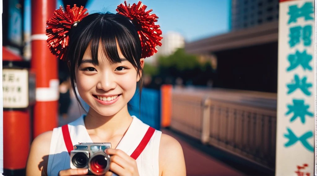Portray a person with a cute hairstyle , sporting a sweet smile, while enjoying a meat bun, all depicted in the style of Japanese photography with hyper-realistic portraits. Dress the individual as a cheerleader and incorporate instruments typically used in an orchestra. Utilize a local cityscape as the background and experiment with shades and out-of-focus elements using an instant camera