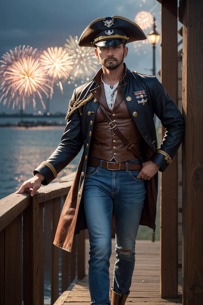 Sailor Captain Age: 35 years old Physical Appearance: Thin, almost bald hair, extremely thin.
outfit:
Boot: Worn and brown.
pants: Jeans ripped at the knee, not for style, but due to wear.
chemise: Striped in blue and black.
jaket: American football.
Accessories: Eye patch and a pirate hat, which he claims to have won after winning a fight against an entire bar.
missiles: A musket that fires very fine iron sawdust, which, when exploding, creates a visual spectacle similar to fireworks and produces a loud sound, but it is harmless and only serves to intimidate.