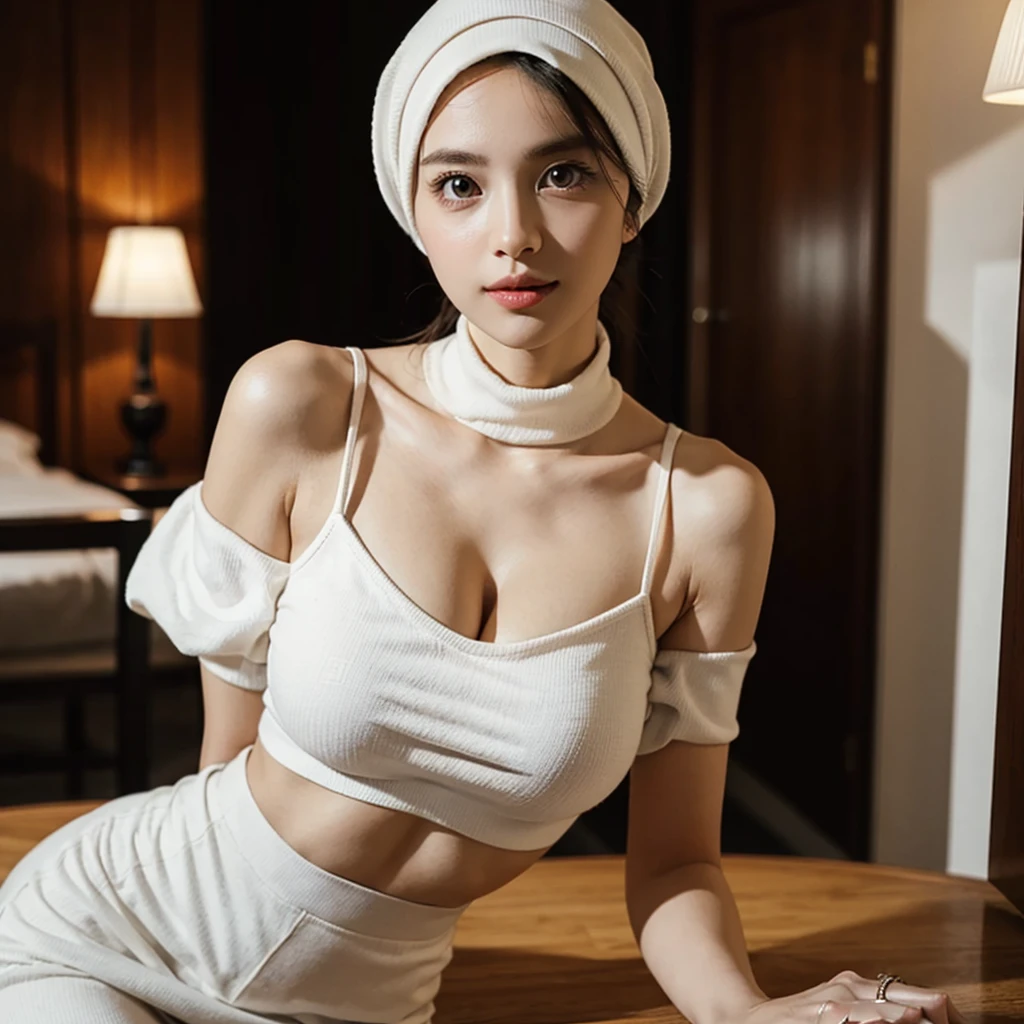 ((Realistic lighting, Best quality, 8K, Masterpiece: 1.3)), ((Clear focus:1.8)), 1 Pretty hijab girl, (Smile:0.7) BREAK (Perfect beauty, Super fine Beautiful face, Fine beautiful eyes Detail, Big drooping long-slitted eyes, Hyper detail eyes:1.4) BREAK ((Sloped shoulder, Narrow shoulders, Thin upper chest, Thin under the chest, Thin waist:1.5), (Taut Very huge breasts, Soft and well-shaped breasts:1.4)) BREAK (Dark brown hijab), (exquisite Beautiful facial features) BREAK (White, Sleeveless Turtleneck Tight Knit:1.5, Knit short tight skirts) BREAK (indoor, Night, Random Posing, Random angle:1.3), in front of the entrance of a five-star hotel, Double eyelids, Open legs, ((Show thigh)),