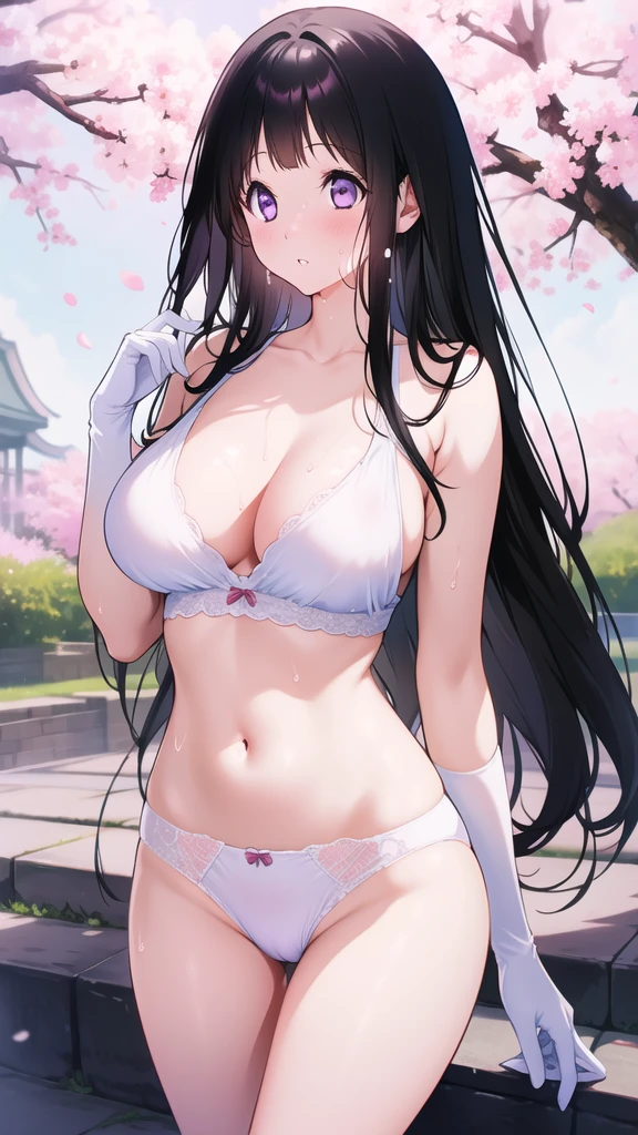Amazing Chitanda, There is only one beautiful girl,Purple Eyes, Black Hair, Very red face,Very white skin,Glowing skin,Skin as delicate as porcelain,Naturally straight hair, Straight bangs,Extremely refined,Open lips,Long flowing hair,Beautiful Girl, Like a dream,Slim,Slim waist,Soft, (Sensual), (Kawaii), Dream quality,Beautiful big breasts,Transparent loose school uniform,Areola,Completely naked,White gloves,Flower decoration,Deep V neckline,Loose neckline,Wide neckline,Walking in school,Place your hands on your inner thighs,Thighs clamp hands,Wet skin,Sweaty and sweaty,Sweating all over,Underwear Rain,Next to the cherry blossom trees,Back to,Lean over,Hips,Side body,Gluteal groove,Completely naked的臀部,Bare back,Completely naked的背部,Light transmission,(no pants),nopan,pussy juice,Bare shoulders,Bare neck,Exposed collarbone,Exposing breasts,Exposing breasts侧面,Exposing breasts下面,Show your waist,Show your buttocks,Show your thighs,Exposing the groin,(No pants),extremely shy,Ultra-high resolution, (masterpiece:1.2, best quality), (Delicate and beautiful eyes: 1.2), (Beautiful and delicate face)