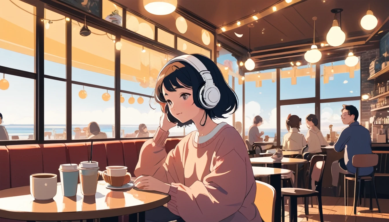 Woman listening to music in a cafe、, Wide-angle lens, Lofi Anime, Lofi illustration, Aesthetic atmosphere, Lo-Fi Style, Vector art, Flat Design, Simple shape, Warm tones, Pleasant atmosphere, Chill, In anime style, Digital drawing, Vector art, Vector logo for t-shirt printing, (Adorable:1.5), (small:1.4), (Playful:1.2), (soft:1.3), (Whimsical:1.1), masterpiece, Highest quality, 8K, Intricate details, grow, Celestial, Mysterious, Picturesque, amazing, Majestic, Magic, Fantasy art, Cover art, dream-like