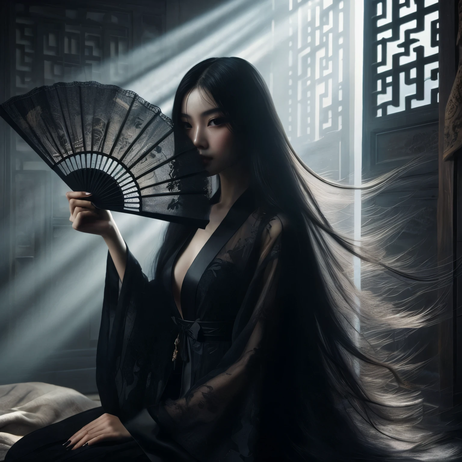 An ultra beautiful Asian woman long black hair, holding a long black ancient liquored Asian fighting fan, wearing a long black Chinese dressing gown, in a darkened room beams of moonlight streak in through the opened balcony window, black ink, in the style of Caravaggio and Da Vinci, 8k resolution, hyperdetailed, photorealistic, an oil painting art style, Sfumato,