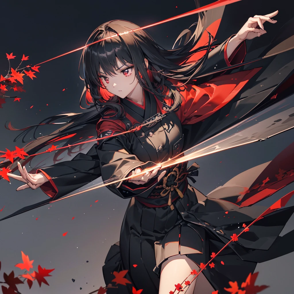((blackい髪 Long Hair black military commander One person Lonely Red Flag)) ((night Japanese style old Shining Aura)) (dance Shining Japan sword Hold the sword with your right hand Hold the sheath in your left hand Pull it out as it is) moon Draw your sword Slashing Catch the wind printing A tense face kimono Red shiny edges Reflection of the sword water surface autumn Maple Red butterfly