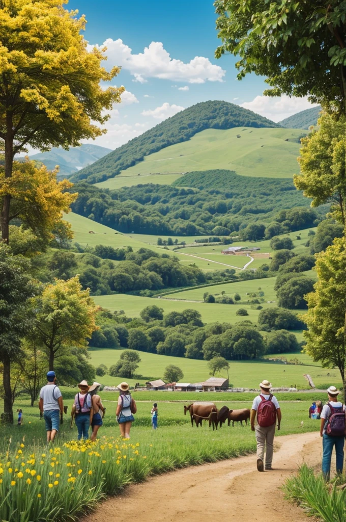 Nature park with tourists and farmers working together in cartoon