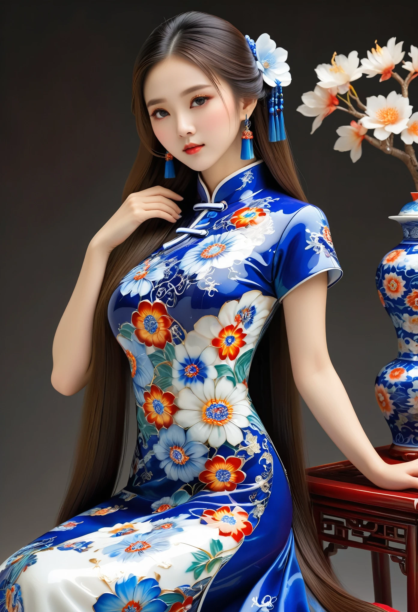 intricate millefiori glass,blue and white porcelain,chinese qipao dress,beautiful detailed girl,long flowing hair,elegant pose,detailed facial features,serene expression,ethereal lighting,vibrant colors,masterpiece,photorealistic,highly detailed,8k,best quality