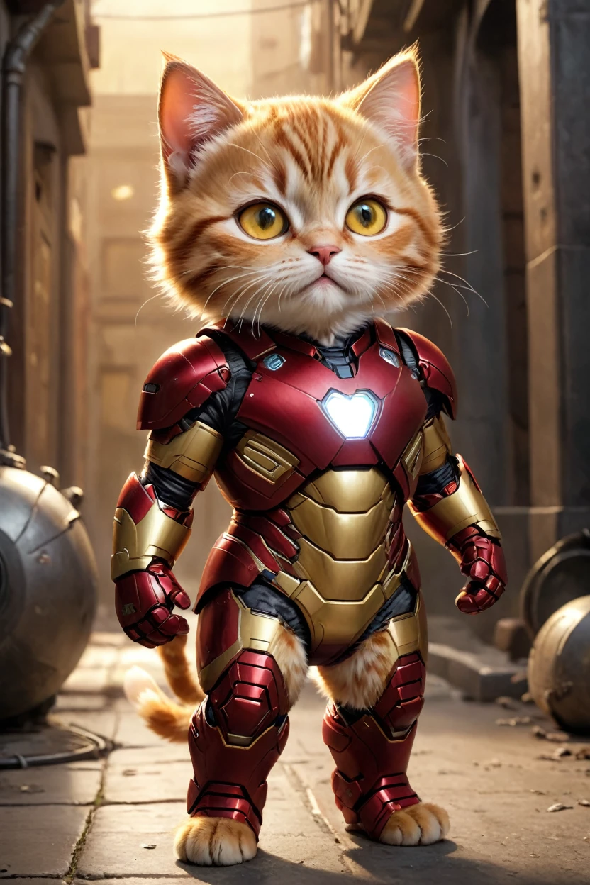 small, There are no humans in this world、The world of anthropomorphized cats、Wearing an Iron Man suit、かわいいbornき物全身, Costumes,、 Fantasy art, Exquisite detail, An anthropomorphic, fat, furry tabby kitten with yellow eyes, Movie Scenes, Dramatic shot angles, , Realistic, born々Amazing cinematic photorealism, Action Portrait, 8K, detailed, Full Frame