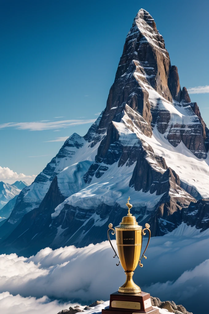 Generate an image of a majestic mountain with a trophy on its peak. Additionally, include a human figure standing close to the trophy, capturing the moment of achievement and success. The image should convey a sense of accomplishment and awe at the sight of the trophy on the mountain top.