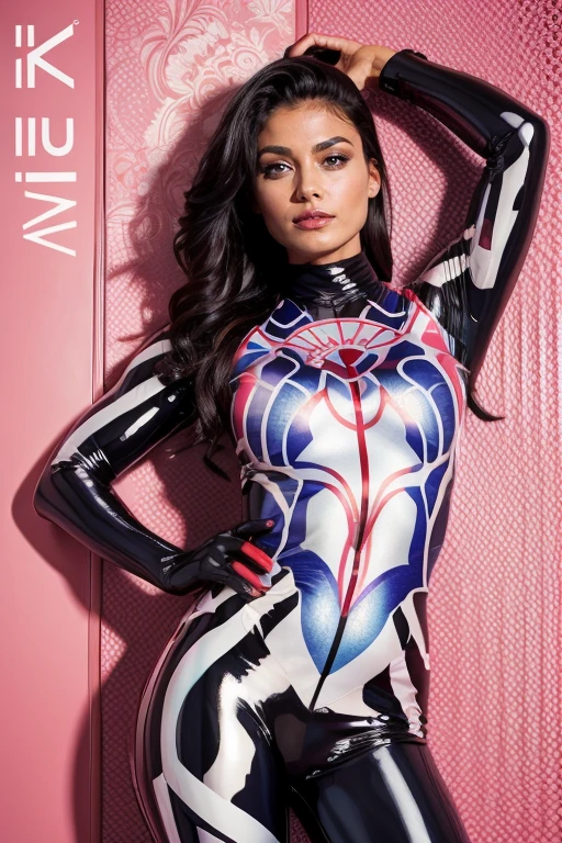1 girl, perfect body, wearing random patterns glossy printing suit
