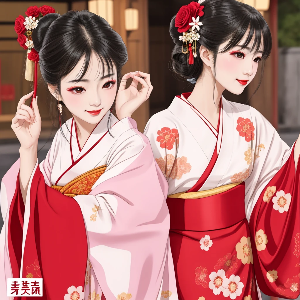 7 sisters, 7 girls with different faces and expressions, dancing gracefully, small faces, top quality, masterpieces, black hair, bun hair, wide angle, diagonally above the waist, magazine cover pose, 8K high resolution, Masterpiece, high resolution, realistic and beautiful light and shadow, top quality, high resolution, very delicate and beautiful, beautiful 8K face, smile and smile. Seven beautiful Japanese girls with eyes,  skin, soft hair, eight heads, Japanese style kimonos with red, pink and orange floral patterns on a white background, yukatas, small faces, thin and small noses, red lipstick , glossy skin, very thin eyebrows, overall super high resolution, Maiko-style makeup, fair skin, long and beautiful eyelashes, glossy skin, red cheeks, holding a flower hat prop in one hand, dance, Kasa Odori, Kasanihi Odori, Japan Dance, festival, movie poster style