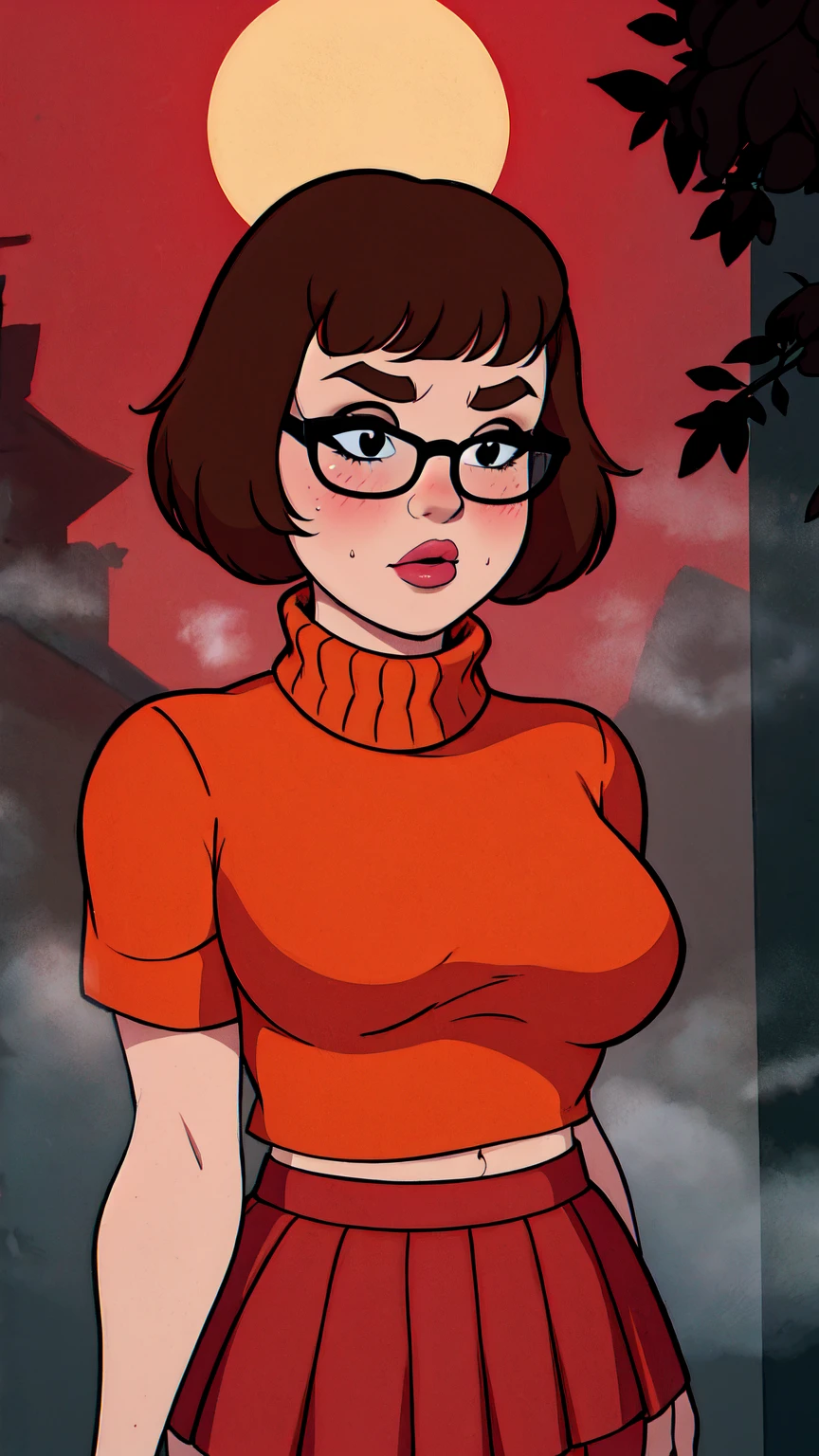 1girl, Velma from scooby-doo, solo, fat (fat body), brown hair, black eyes, square glasses, (orange turtleneck) blouse and red skirt, eyeliner, looking at viewer, lips, brown bob cut, blunt bangs, blush, standing, upper body, face focus, outdoors, horror \(theme\), night, fog egirlmakeup, moonlight background