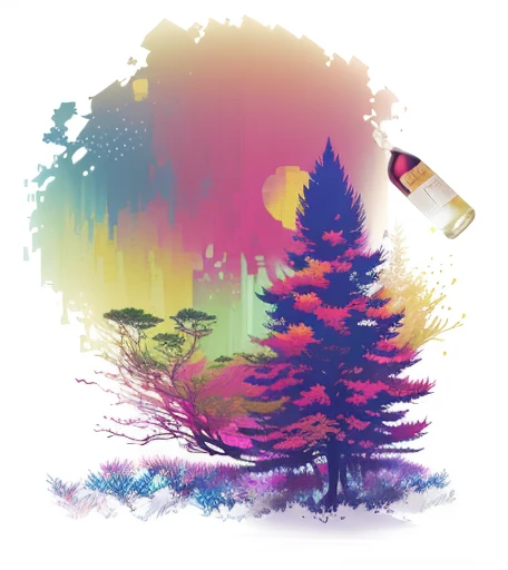 there is a picture of a tree with a bottle of wine in it, beautiful glitch art dream, psychedelic landscape, in glitchart jared forest, psychedelic lush pine forest, psychedelic glitch art, vivid abstract landscape, psychedelic forest, in style of digital painting, neon color mixed media painterly, posterized color, an abstract tropical landscape, an expressive digital painting