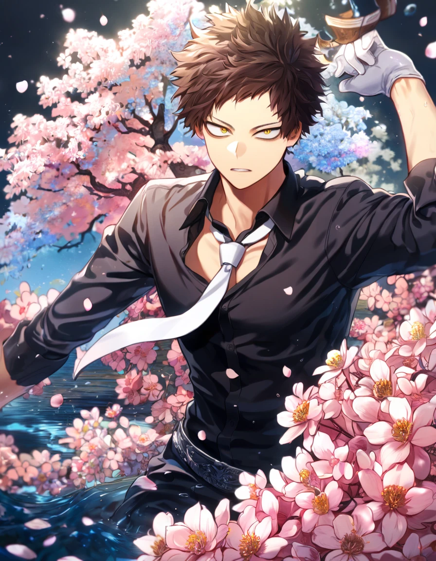 absurdres, highres, ultra detailed, HDR, master piece, Overhaul, Chisaki Kai, dark brown hair, short hair, short bangs, black shirt, expressive yellow eyes, white necktie, white gloves, Boku No Hero Academia, sexy man, handsome, best quality, blossoms, pink petals, pink flowers, water, fantasy, magical, blue shining fireflies, solo, toned chest,