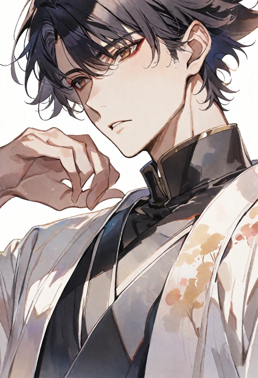 Solo, handsome, Watercolor,
1. male,
hime cut,Straight Hair,short Hair, 
black hair, 
brown Eyes,Soft look,Gojo Satoru,
White パーカー,
skin,兎,
White background,